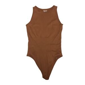 OQQ Ribbed Sleeveless Bodysuit Brown High Cut Stretchy One-Piece